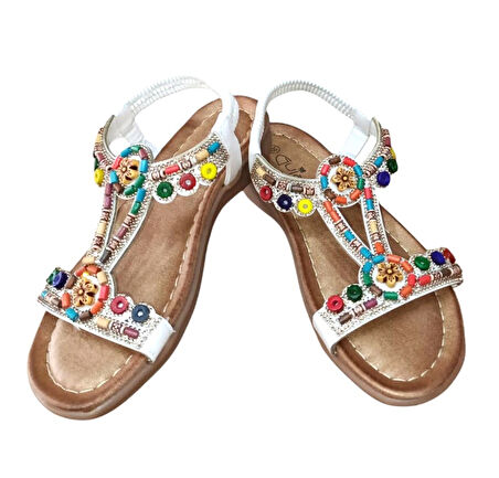 Guja 25y150-1 Kadın Taşlı Düz Taban Comfort Sandalet Beyaz