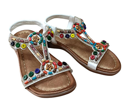 Guja 25y150-1 Kadın Taşlı Düz Taban Comfort Sandalet Beyaz