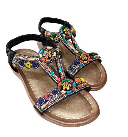 Guja 25y150-1 Kadın Taşlı Düz Taban Comfort Sandalet Siyah