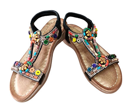 Guja 25y150-1 Kadın Taşlı Düz Taban Comfort Sandalet Siyah
