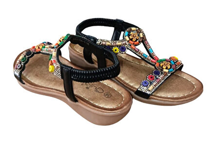 Guja 25y150-1 Kadın Taşlı Düz Taban Comfort Sandalet Siyah