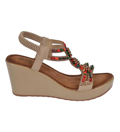 Guja 25y155 Kadın Taşlı Dolgu Topuklu Lastikli Comfort Sandalet Bej