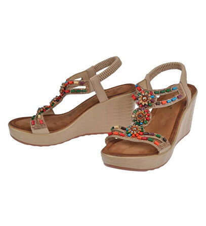 Guja 25y155 Kadın Taşlı Dolgu Topuklu Lastikli Comfort Sandalet Bej