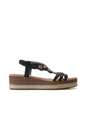 GUJA 25Y171-1 KADIN TAŞLI HASIR ÖRGÜLÜ SANDALET SİYAH