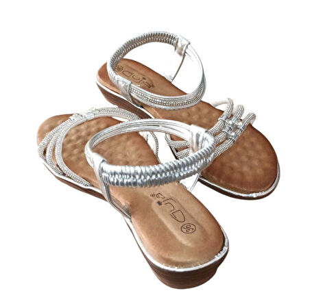 Guja 25y174 Kadın Taşlı Düz Taban Abiye Sandalet Gümüş