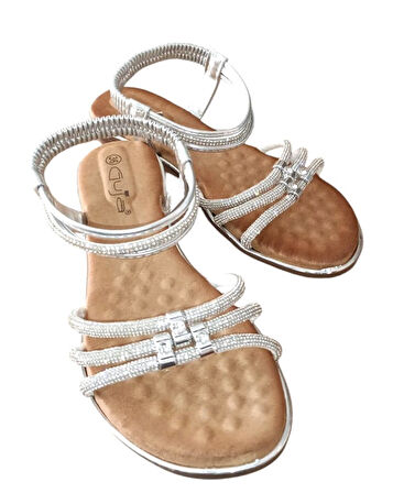 Guja 25y174 Kadın Taşlı Düz Taban Abiye Sandalet Gümüş