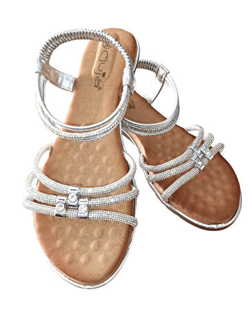 Guja 25y174 Kadın Taşlı Düz Taban Abiye Sandalet Gümüş