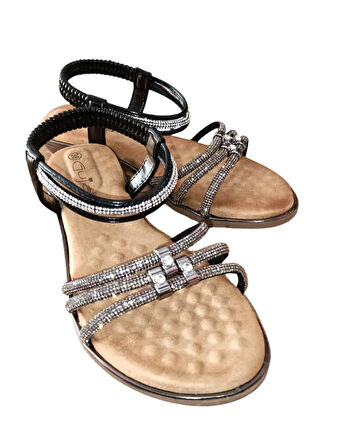 Guja 25y174 Kadın Taşlı Düz Taban Abiye Sandalet Siyah