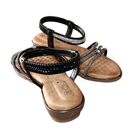 Guja 25y174 Kadın Taşlı Düz Taban Abiye Sandalet Siyah