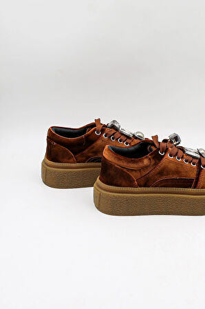 Guja Kadın Kalın Taban Aksesuarlı Kadife Günlük Spor Ayakkabı GJ475 - Kahve - 36