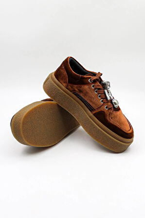 Guja Kadın Kalın Taban Aksesuarlı Kadife Günlük Spor Ayakkabı GJ475 - Kahve - 36