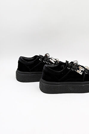 Guja Kadın Kalın Taban Aksesuarlı Kadife Günlük Spor Ayakkabı GJ475 - Siyah - 36
