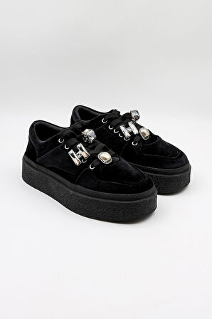 Guja Kadın Kalın Taban Aksesuarlı Kadife Günlük Spor Ayakkabı GJ475 - Siyah - 36