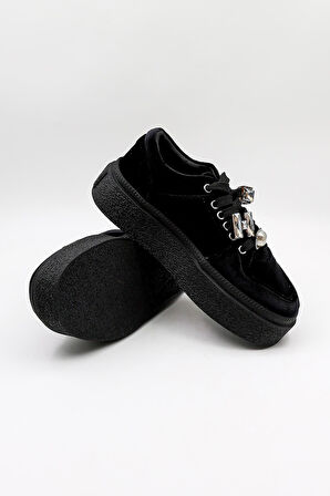 Guja Kadın Kalın Taban Aksesuarlı Kadife Günlük Spor Ayakkabı GJ475 - Siyah - 36