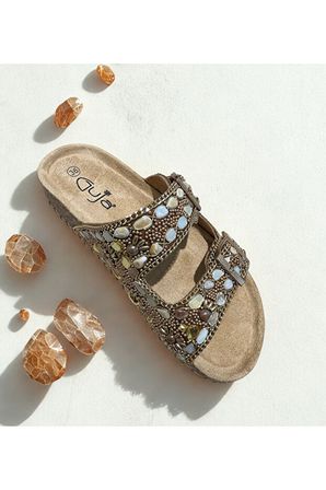 Guja 26y106 Kadın Taşlı İki Tokalı Mantar Taban Comfort Terlik Altın