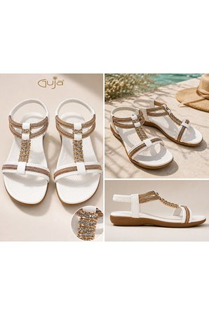 Guja 26y240-10 Kadın Taşlı Düz Taban Günlük Comfort Sandalet Beyaz