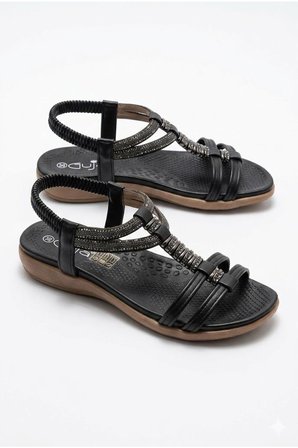 Guja 26y240-10 Kadın Taşlı Düz Taban Günlük Comfort Sandalet Siyah