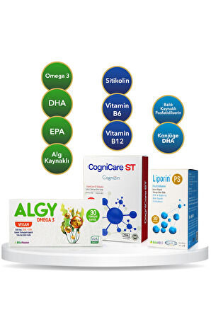 Sınav Paketi | CogniCare ST & Algy Omega 3 & Liporin PS (DHA & Cognizin Sitikolin & Fosfatidilserin)