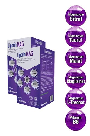 2 Kutu LiporinMAG Magnezyum Complex (Sitrat, Malat, Bisglisinat, Taurat, L-Treonat) B6 200 mg