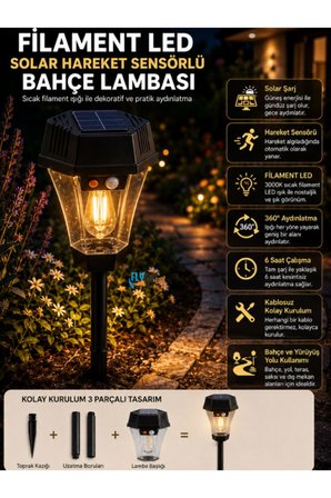 Solar Hareket Sensörlü Filament LED Bahçe Lambası 3000K Sıcak Işık Dış Mekan Yürüyüş Yolu ve Bahçe Aydınlatması Güneş Enerjili