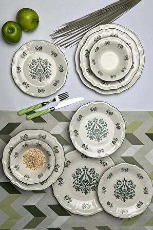 TABAK EVİ Stoneware Flower Green Yemek Takımı 6 Kişilik 24 Parça