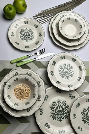 TABAK EVİ Stoneware Flower Green Yemek Takımı 6 Kişilik 24 Parça