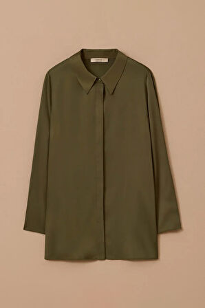 Kadın Büyük Beden Düğmeli Saten Gömlek - Haki | 48