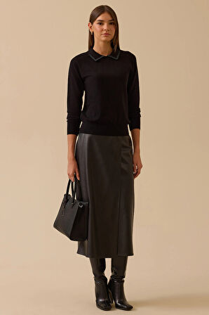 Seçil Kadın Boncuk Detaylı Bel Boy Triko Bluz 0008 Siyah