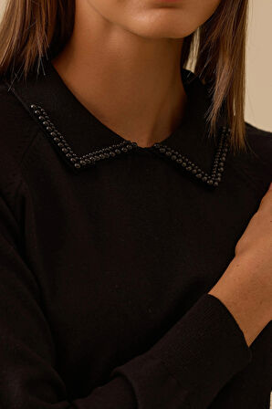 Seçil Kadın Boncuk Detaylı Bel Boy Triko Bluz 0008 Siyah