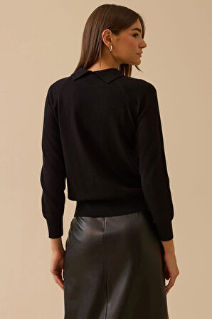 Seçil Kadın Boncuk Detaylı Bel Boy Triko Bluz 0008 Siyah