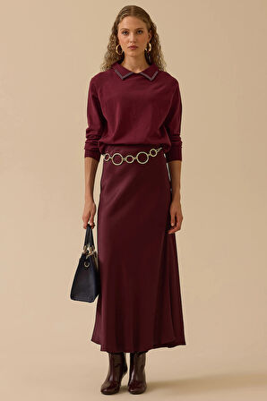 Seçil Kadın Boncuk Detaylı Bel Boy Triko Bluz 0008 Bordo