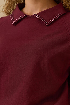 Seçil Kadın Boncuk Detaylı Bel Boy Triko Bluz 0008 Bordo