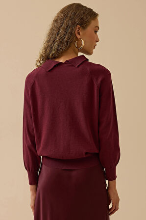 Seçil Kadın Boncuk Detaylı Bel Boy Triko Bluz 0008 Bordo
