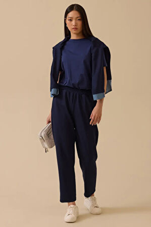 Kadın Elastik Bel Cepli Pantolon - Lacivert | S