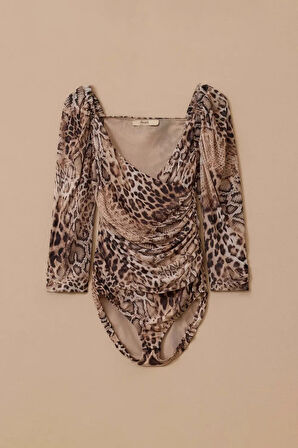 Kadın Kruvaze Leopar Desenli Çıtçıtlı Bluz - Camel | M
