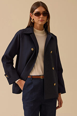 Seçil Kadın Düğmeli Cep Detaylı Kısa Trençkot 0001 Lacivert