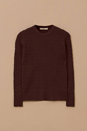 Kadın Örgü Desen Sıfır Yaka Triko - Kahverengi | S