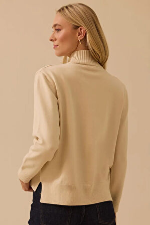 Kadın Uzun Kollu Örme Triko Kazak - Ekru | S