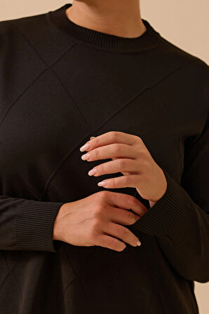 Galaxi Kadın Büyük Beden Desenli Basic Triko Tunik 4008 Siyah