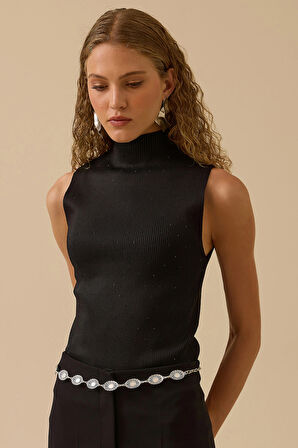 Seçil Kadın Taş Detaylı Triko Kolsuz Bluz 0027 Siyah