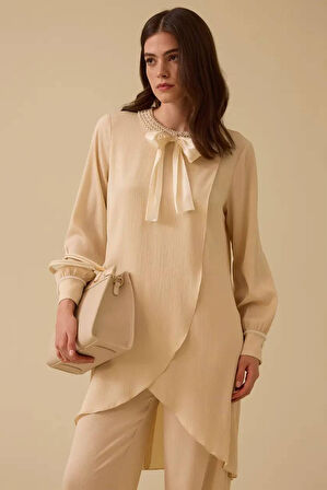 Kadın İnci Detaylı Asimetrik Saten Tunik - Bej | 44