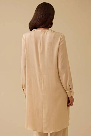 Kadın İnci Detaylı Asimetrik Saten Tunik - Bej | 44