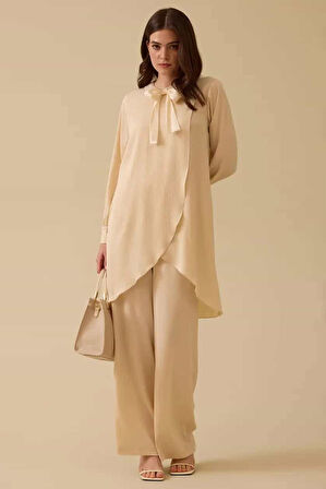 Kadın İnci Detaylı Asimetrik Saten Tunik - Bej | 44