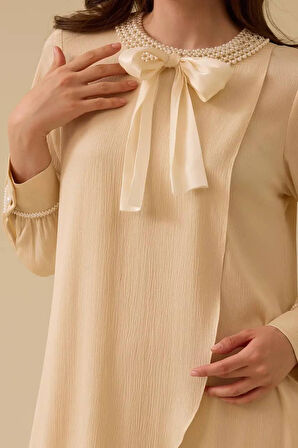 Kadın İnci Detaylı Asimetrik Saten Tunik - Bej | 44