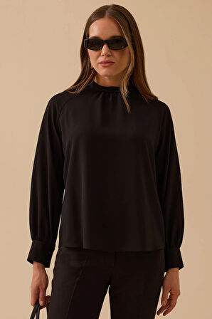 Seçil Kadın Dik Yaka Pile Detaylı Bluz 0001 Siyah