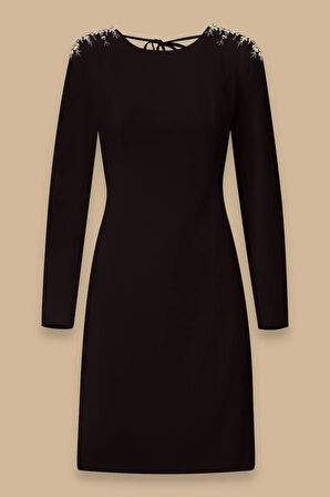 Kadın Uzun Kollu Sırt Dekolteli Diz Üstü Elbise - Siyah | 38
