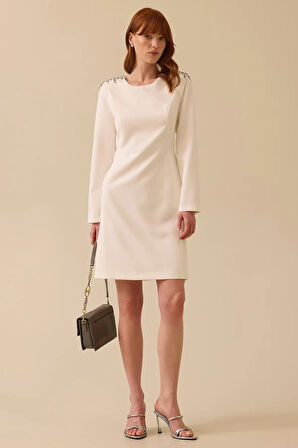 Kadın Uzun Kollu Sırt Dekolteli Diz Üstü Elbise - Ekru | 38