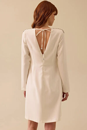 Kadın Uzun Kollu Sırt Dekolteli Diz Üstü Elbise - Ekru | 38