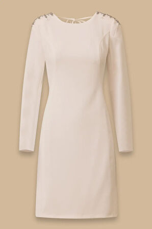 Kadın Uzun Kollu Sırt Dekolteli Diz Üstü Elbise - Ekru | 38