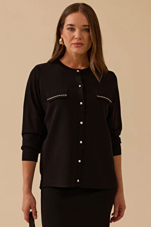 Seçil Kadın Yuvarlak Yaka Düğmeli Triko Hırka 1012 Siyah